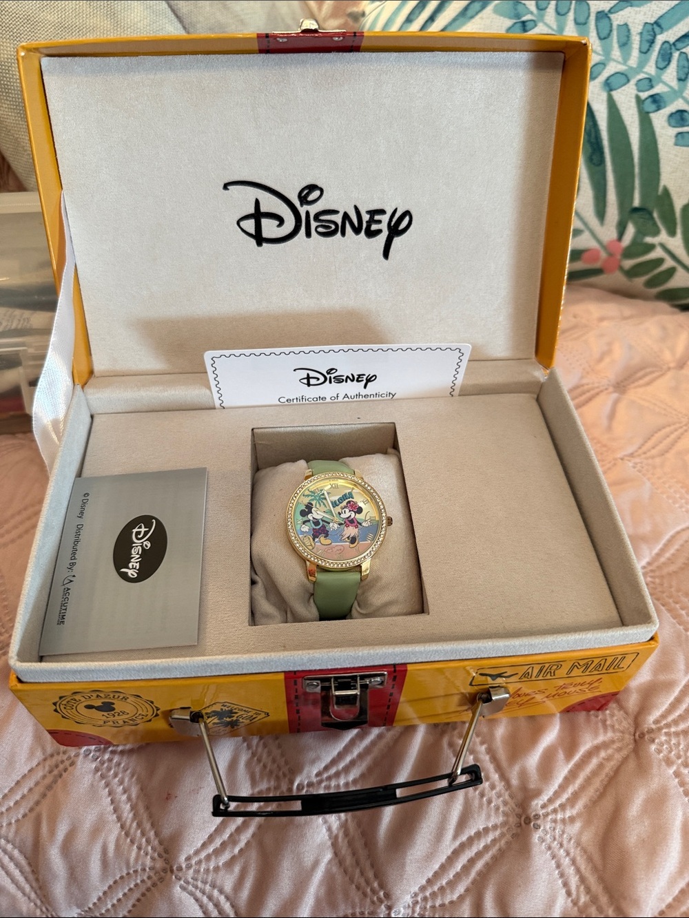 Disney Gold-Bezel Minnie & Daisy Watch with Green Strap